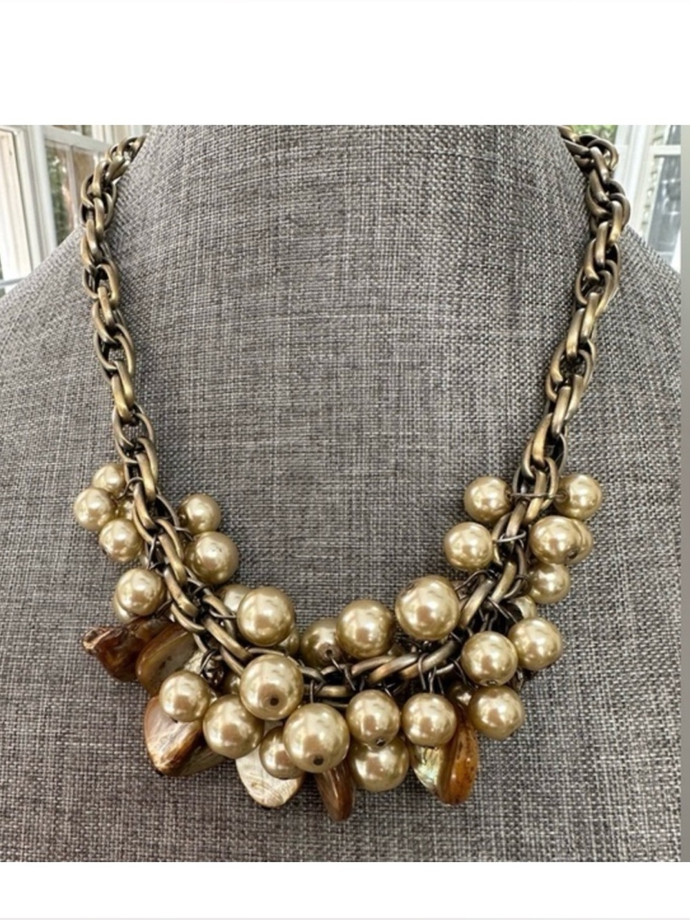 Antique Gold Pearl & Shell Necklace Handmade Jewelry Statement Party Festive